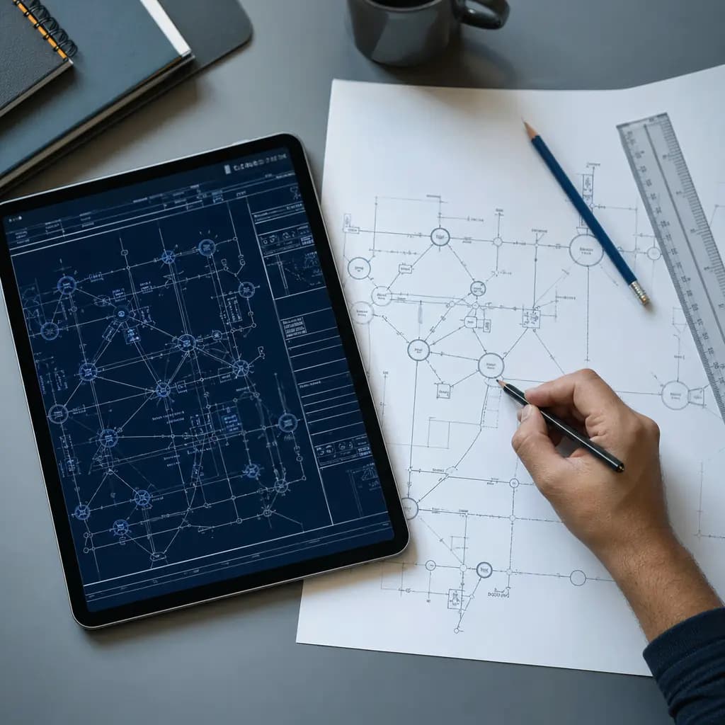 Plano técnico CAD junto a diagrama de red impreso