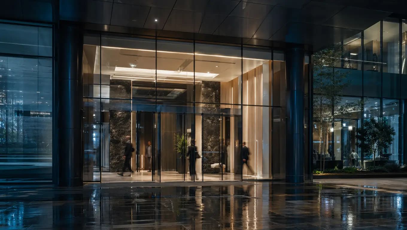 Lobby corporativo de edificio de oficinas con cristal