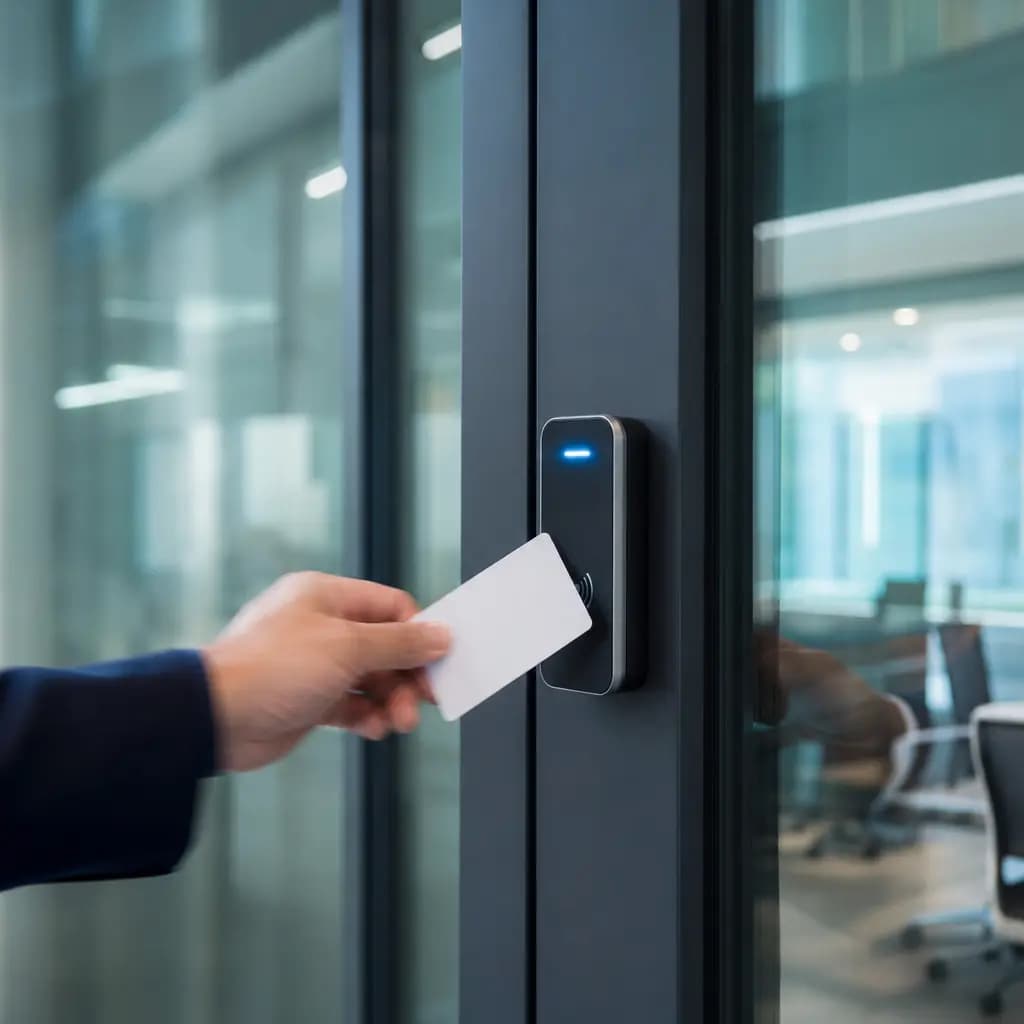 Lector de tarjeta RFID instalado en puerta de oficina profesional