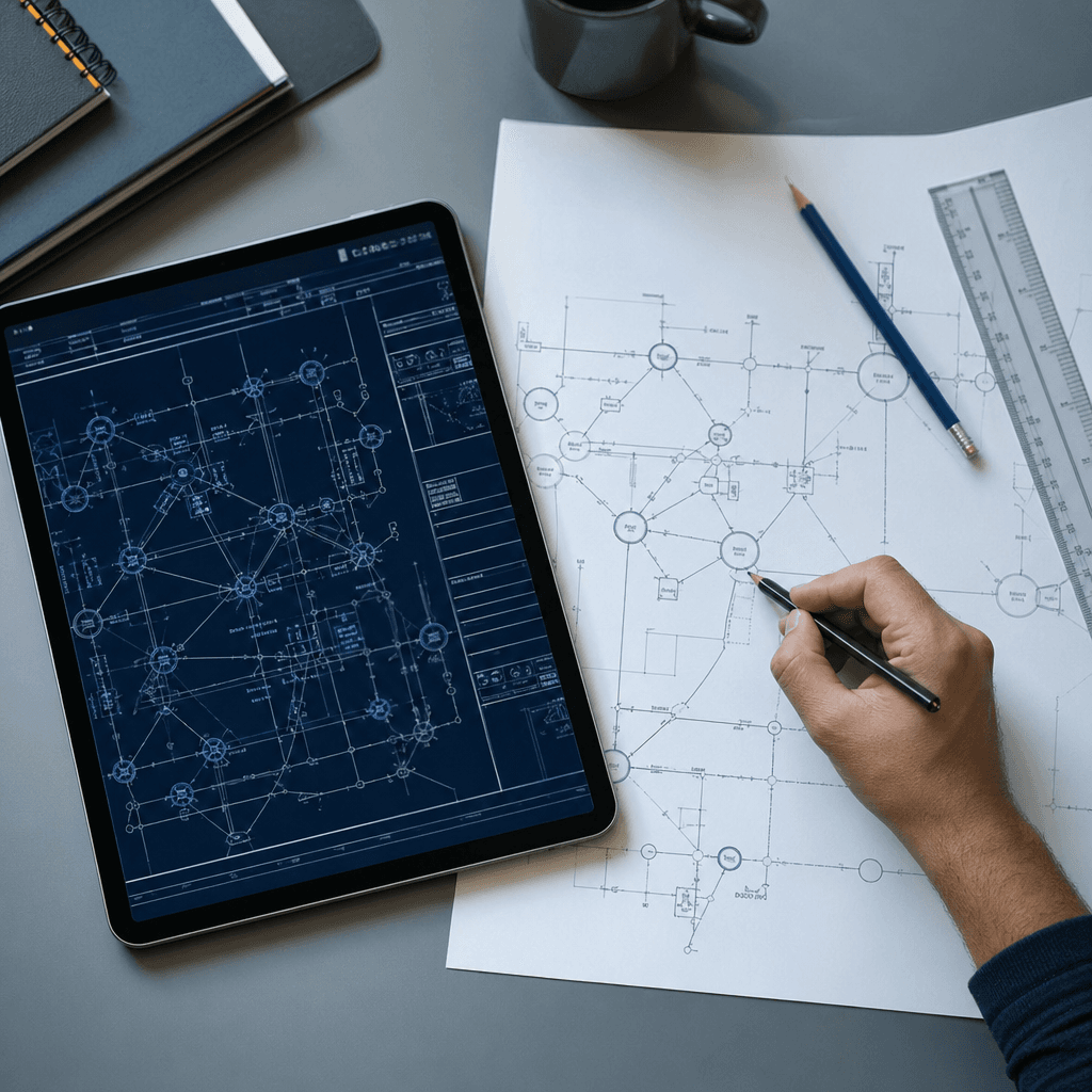 Plano técnico CAD junto a diagrama de red impreso