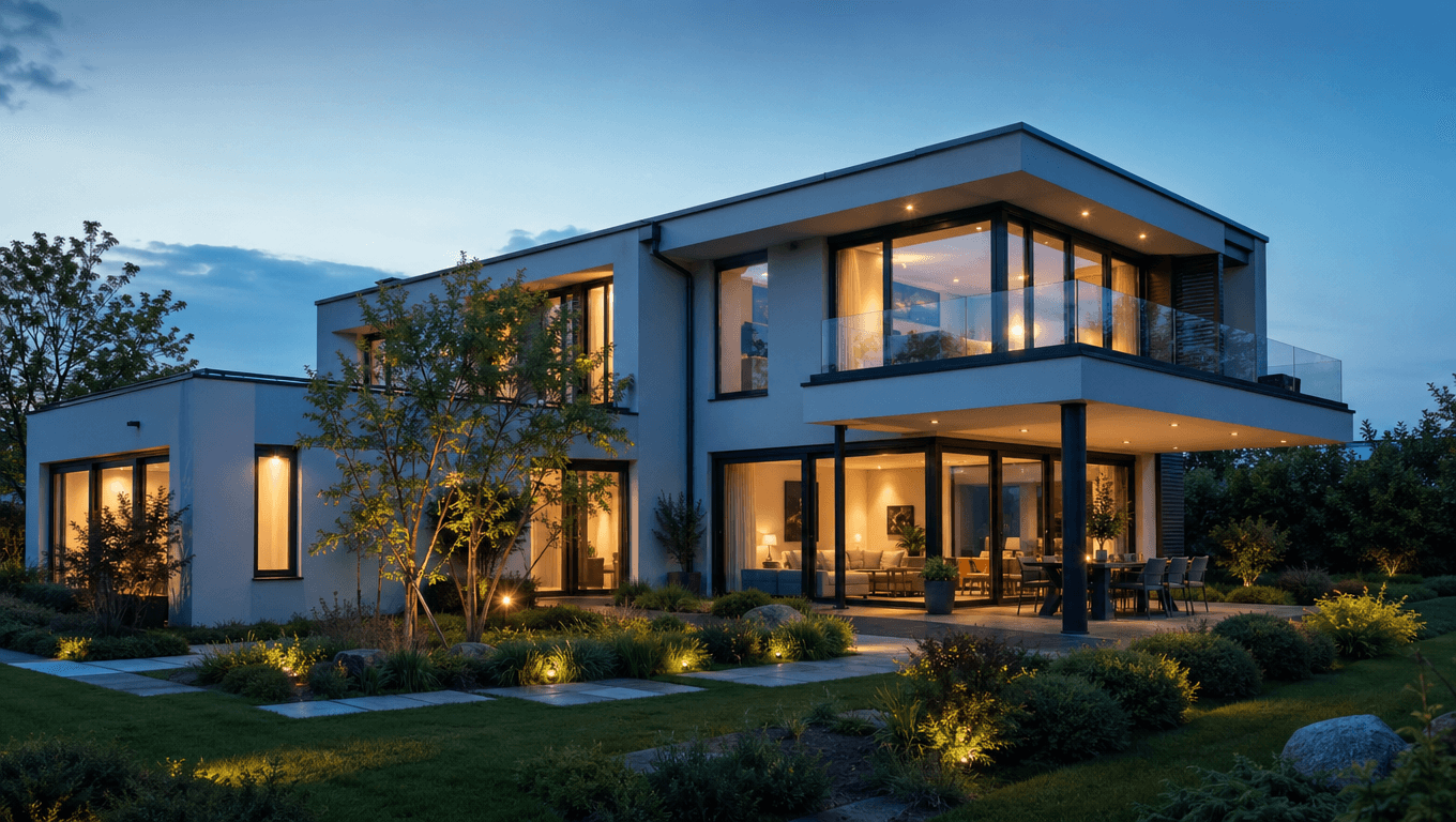 Vivienda unifamiliar moderna con luz interior cálida al atardecer