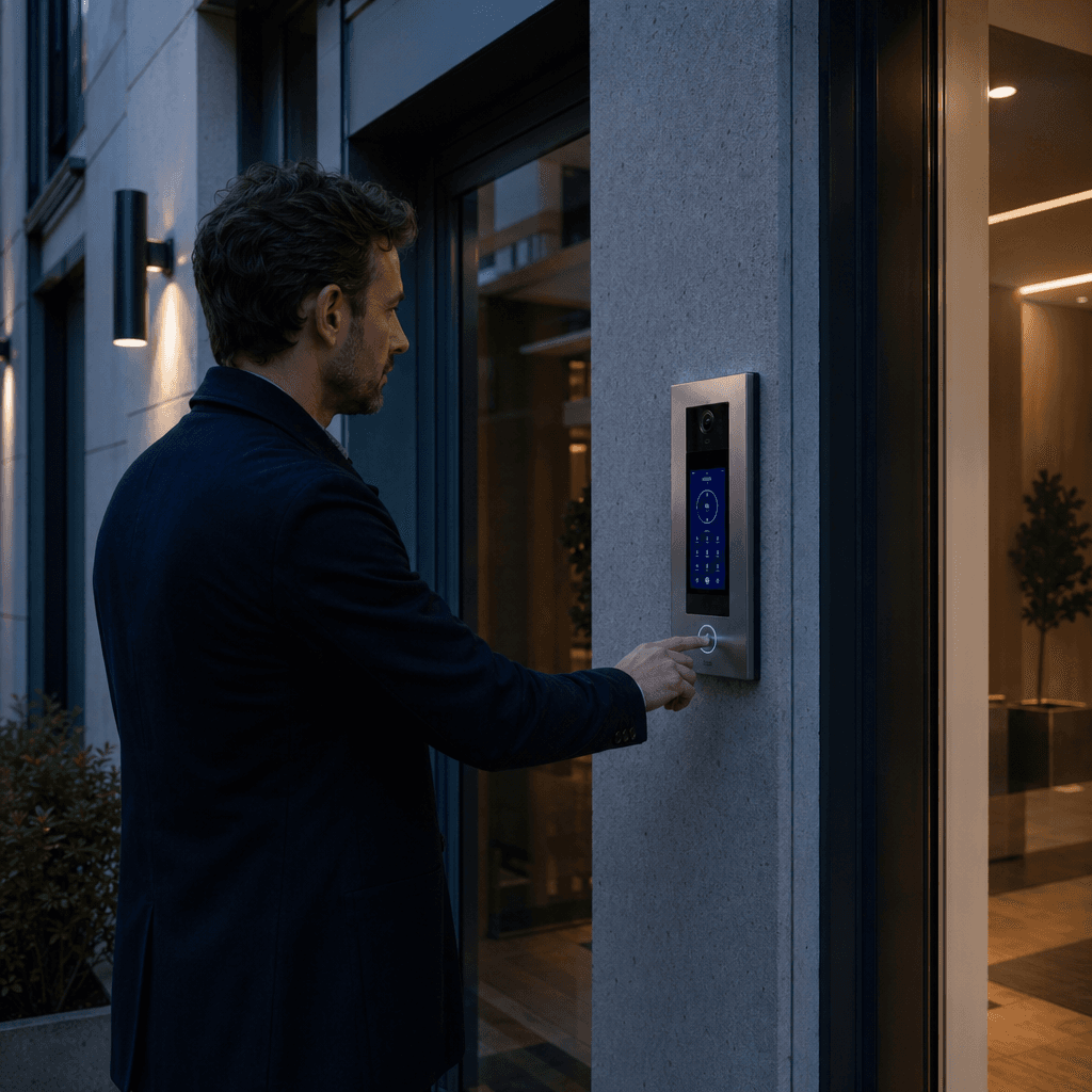Videoportero moderno en fachada de edificio residencial